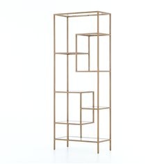 a gold metal shelf with three shelves on each side and two glass shelves in the middle