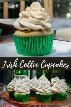 irish coffee cupcakes with whipped cream frosting on top and in the middle