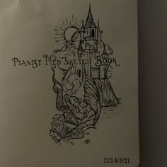 a drawing of an elephant in front of a castle with the words praut and sketch book written below it