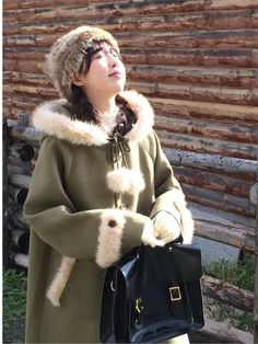 TAVIMART - Women Sweet Green Faux Fur Patchwork Wool Coats Japanese Cute Hooded Single Breasted Blends Famale Pocket Fashion Warm Blends Wool Coats, Pockets Fashion, Sleepwear Robe, Strap Dress, Picture Sizes, Wool Coat, Single Breasted, Lace Shorts, Faux Fur