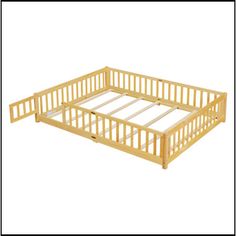 a wooden bed frame with no mattresses on the top and bottom sides, in front of a white background