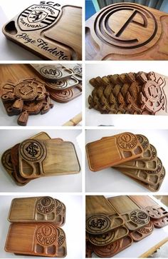 wooden cutting boards with different designs on them and some type of cutters in the middle