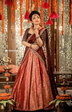 South Indian Lehenga Designs, Bridal Half Saree South Indian, Lehenga Models, Snap Poses, Mehandi Outfit, Kerala Engagement Dress, Pleated Lehenga, Function Dress, Mehendi Function