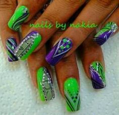 Love the colors! Nail Tip Designs French, Green And Purple Nails, Purple And Green Nails, Make Nails, Neon Green Nails, Green Acrylic Nails, Green Nail Art, Bridal Nail Art, Purple Nail Designs