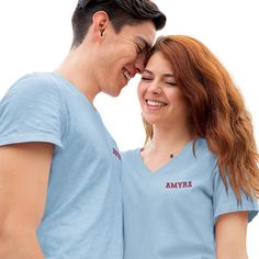 Cute couple matching shirts that can be customized with any short text on the front and back. Use for Valentine's Day, Honeymoon, Date Night, Anniversary and more. Choose from text such as True Love, Better Together, Forever Always and In Love Since, or send in one of your own. These couples jerseys makes great couple gifts as well.This design is available as a Crewneck Tee, Long Sleeve T-Shirt, Hoodie, Sweatshirt or Crop Top.In order to provide quick turnaround, we source from four different to Casual Personalized Short Sleeve Shirt, Personalized Blue Short Sleeve Tops, Casual Personalized Blue T-shirt, Personalized Blue Cotton Tops, Custom Text Blue Short Sleeve T-shirt, Blue Short Sleeve T-shirt With Custom Text, Cute Couple Matching, Short Text, Top Clothing Brands