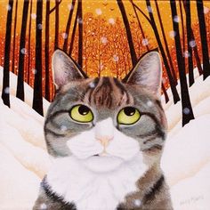 a painting of a cat with green eyes in the snow surrounded by trees and snow flakes