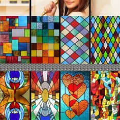 a collage of stained glass panels with different designs and colors, including heart shapes