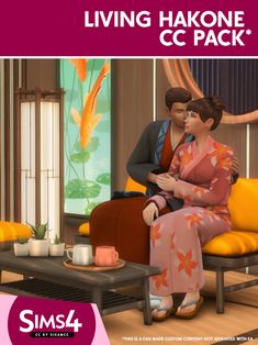 a couple sitting on a couch in front of a coffee table, with the caption living hakone cc pack