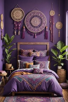 bedroom interior design ideas-bedrooms inspiration aesthetic decoring designs inspiration wall art Purple Room Ideas For Adults, Boho Purple Bedroom, Colorful Bohemian Bedroom Decor, Bedroom Inspirations Aesthetic, Boho Style Bedroom Decor, Small Bedroom Colours, Magical Bedroom, Inspiration Wall Art