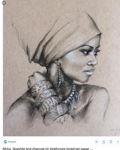 a pencil drawing of a woman with jewelry on her neck and headdress, looking off to the side