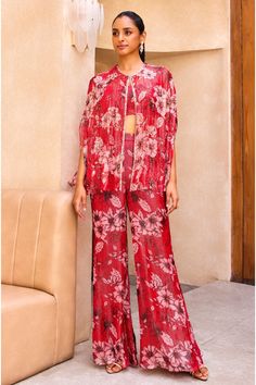 Whats New Floral Cape, Editors Note, Blouse And Pants, Pink Cape, Beige Blouse, Red Floral Print, Draped Skirt, Sanya, Blazer Set