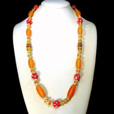 "Red Peach Clear Polka Dot Glass Bead Necklace, OOAK by Rachelle Starr Yes i love handmade glass beads... from anywhere... necklace is 27\" ( 68.58cm ) all glass peach tubes are 1\" long 26mm round red dot beads are 1/2\" or 13mm Note to Customers: I ONLY ship to Your paid ETSY invoice ADDRESS I DO SHIP Internationally I combine shipping of multiple items and Immediately refund the difference ( alot!). www.vintagestarrbeads.etsy.com ©2019 rachelle starr designs all rights reserved" Red Peach, Handmade Glass Beads, Beaded Dangle Earrings, Jasper Stone, Tube Beads, Red Dots, Glass Bead Necklace, Faceted Crystal, Small Jewelry