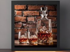 Against a textured brick wall backdrop, a decanter of rich bourbon stands alongside two elegant glasses, inviting moments of conviviality and shared indulgence in the warm glow of friendship. Brick Wall Backdrop, Elegant Glasses, Brick Wall, Bourbon, Digital Prints, In This Moment, Collectibles, Music Clothes, Wall