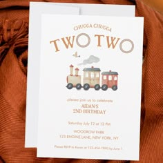 a birthday card with an image of a train on it and the words two two