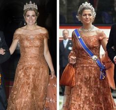 two pictures of people wearing tiaras and gowns