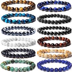 PRICES MAY VARY. Semi-Precious Gemstone Bracelet Set:12pcs different round beaded bracelets in a pack,include tiger eye bracelet,howlite bracelet,lava rock bracelet,turquoise bracelet and so on.Each bracelet is unique, the color and pattern may vary from the picture shown, as you know no two stones are alike. Quality Materials:The semi-precious gemstone bracelets are made with hand selected 8mm round high quality beads, safe and durable, do not irritate the skin. The weight and the ice-cold touc Round Beaded Bracelets, Gemstones Bracelets, Beaded Bracelets For Men, Couples Accessories, Beautiful Accessories, Stil Boho, Styl Boho, Mens Beaded Bracelets, Lava Rock