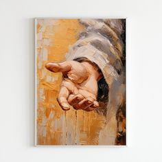 an abstract painting of a hand holding something in it's palm, on a white wall