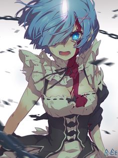 an anime character with blue hair wearing a red tie and holding a knife in her hand