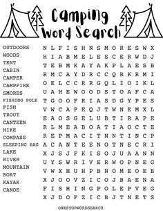 camping word search is shown in black and white