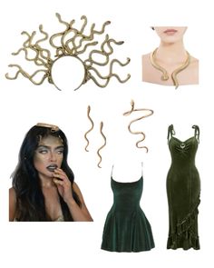 an assortment of clothing and accessories including a necklace, dress, headpieces and earrings