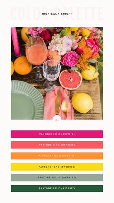 an image of a table setting with flowers and fruit on it, including grapefruits