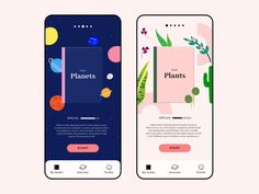 two smartphones with plants on them, one is pink and the other is blue