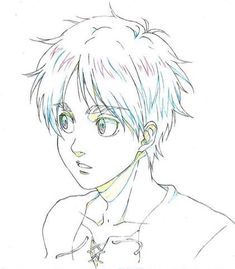 a drawing of a boy with short hair and blue eyes looking to his left side