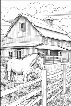 a horse is standing in front of a barn