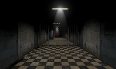 an empty room with checkered floor and light coming from the ceiling in the dark