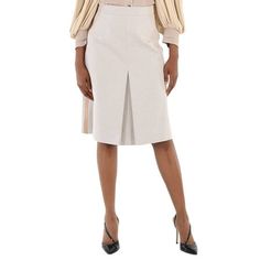 Burberry Ladies Bottoms. Fashion category: Skirts. SKU: 8039343. Color: Soft Fawn Melange. Burberry Soft Fawn Melange Box Pleated Cotton Canvas A-Line Skirt. Concealed side hook-and-eye and zip closure. Outer: 100% cotton, trim: 100% calf leather, lining: 100% cupro. Made in Italy. Size: 4.  Color: Brown.  Gender: female.  Age Group: adult. Elegant Solid Mini Skirt With Pockets, Beige Long Skirt For Office, Elegant Pleated Pencil Skirt Bottoms, Elegant Daywear Pencil Skirt, Spring Office Knee-length Bottoms, Spring Workwear Skirted Bottoms, Fitted Beige Pleated Skirt For Work, Spring Pencil Skirt Suit, Pleated Knee-length Bottoms For Work