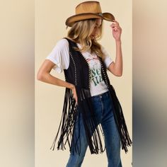 Studded Long Fringe Faux Suede Vest Perfect For All Western/Rodeo Events Long Fringe Open Front Faux Suede 90% Poly, 10% Spandex Rodeo Events, Faux Suede Vest, Suede Vest, Western Rodeo, Long Fringe, Long Fringes, Front Open, Rodeo, Faux Suede