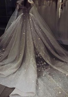 the back of a wedding dress with sparkling sequins on it's skirt