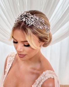 female model wearing wide looping bridal hair vine with silver crystal branches and floral details Bridal Hairstyle, Bridal Hair Vine, Hrithik Roshan, Luxury Bridal, Soft Floral, Hair Vine, Bridal Headpieces, Crystal Cluster, Bridal Style