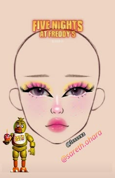 Chica Makeup Fnaf, Chica Fnaf Costume, Chica Costume Fnaf, Five Nights At Freddy's Makeup, Fnaf Makeup Ideas, Fnaf Makeup Looks, Chica Fnaf Art, Freddy Cosplay Fnaf, Fnaf Inspired Makeup