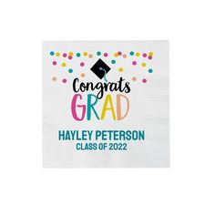 congratulations grad beverage napkins with confetti on the front and graduation cap on the back