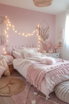 a bedroom decorated in pink and white with string lights