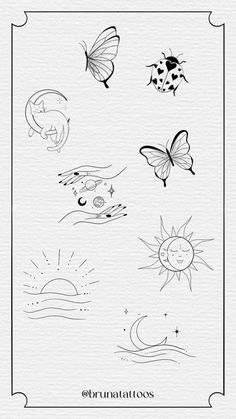 the sun, moon and butterflies are drawn in black ink on a white paper with an ornate