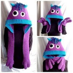 three pictures of purple and blue hats with eyes