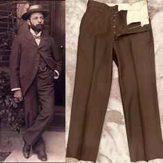 "EDWARDIAN LATE 1910- EARLY 1920s  MENS TROUSERS. A HANDSOME WOOL PANT, IN A CLASSIC INKY JET BLACK.  FEATURES A FLAT FRONT, AND 4 POCKETS, WITH FULL BUTTON FLY IN FRONT. INNER COTTON WAISTBAND AND POCKET LINING. (SEE BELOW FOR CONDITION COMMENTS). SUSPENDER BUTTONS INSISE WAISTBAND. No labels.  SIZE/MEASUREMENTS: 32\" WAIST    38\" SEAT   11.5\" RISE 29\" INSEAM/LENGTH  2.5\" HEM (available fabric inside hem for lengthening inseam)  CONDITION: pre-owned authentic antique condition. FRESHLY DRY Classic Full-length Bottoms With Buttons, Classic Full Length Bottoms With Buttons, Vintage Dress Pants With Belt Loops For Formal Occasions, Vintage Formal Dress Pants With Belt Loops, Vintage Formal Bottoms With Buttons, Classic Fitted Dress Pants, Vintage Brown Formal Bottoms, Vintage Full-length Bottoms With Buttons, Vintage Full Length Bottoms With Buttons