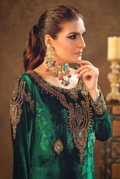 Tabeer Fancy Dress Material, Velvet Suit Design, Eastern Wear, Kurti Embroidery, Fancy Accessories, Womens Trendy Dresses, Kurti Embroidery Design, Green Velvet Dress