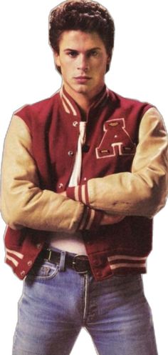 Young Rob Lowe, Letterman Jacket Outfit, 80s Guys, Sodapop Curtis, 80s Fashion Men, Look 80s, Varsity Jacket Outfit, 80s Men, 80s Jacket