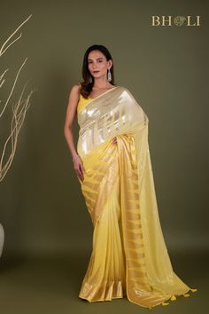 Party Sequin saree on Pure Georgette Yellow Bollywood Pre-draped Saree, Diwali Party Pre-draped Tissue Silk Saree, Pre-draped Tissue Silk Saree With Dupatta For Party, Party Pre-draped Saree With Mirror Work In Art Silk, Pre-draped Saree With Pallu For Evening Festivals, Gold Pre-draped Saree With Mirror Work For Evening, Festive Evening Pre-draped Saree With Cutdana, Festive Evening Chanderi Blouse Piece, Silk Pre-draped Saree With Dupatta For Party