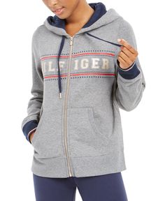 Approx. 24 long|Attached hood; front zipper closure|Logo at top front; pockets at front|Cotton/polyester|Machine washable Tommy Hilfiger Sweatshirt, Red Turtleneck, Blue Knit Sweater, Argyle Sweater, Slim Leg Pants, Womens Fleece, Tommy Hilfiger Women, Sleeveless Sweater, Printed Sweater