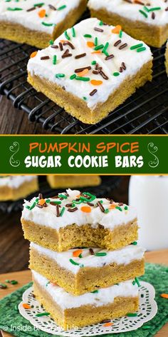 pumpkin spice sugar cookie bars stacked on top of each other