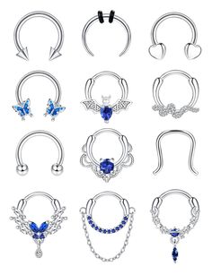 six different types of piercings with blue stones