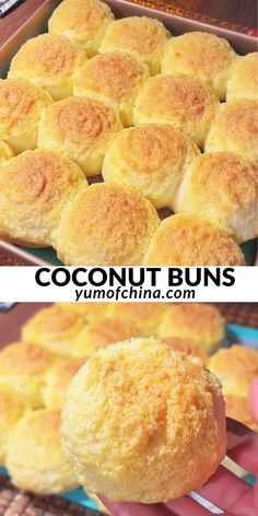 two pictures showing different types of desserts in the same pan and one with coconut buns on top