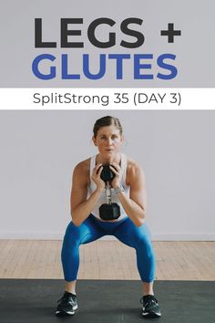 a woman squatting on a mat with the words legs and glutes above her