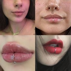 four pictures of different types of lips with piercings on their nose and lip rings