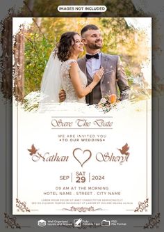 a wedding card with an image of a bride and groom