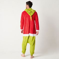 Channel the Grinch in epic style this holiday season wearing this men's one-piece pajama which is part of a matching family pajama collection. Made from soft fleece for a relaxed-fit, this hooded Grinch onesie has a Santa coat layer with embroidered detail and a front zip closure.Features: Banded BottomCharacter: Grinch, Dr. SeussClosure Type: ZipperNeckline: Hooded NeckSleeve Length: Long SleeveSleeve Style: Cuffed SleeveApparel Length: 61.75 InchesFiber Content: 100% PolyesterFabric Descripti… Grinch Onesie, Dr Seuss Grinch, Santa Suit, One Piece Man, Santa Suits, Matching Family Pajamas, One Piece Pajamas, The Grinch, Family Pajamas